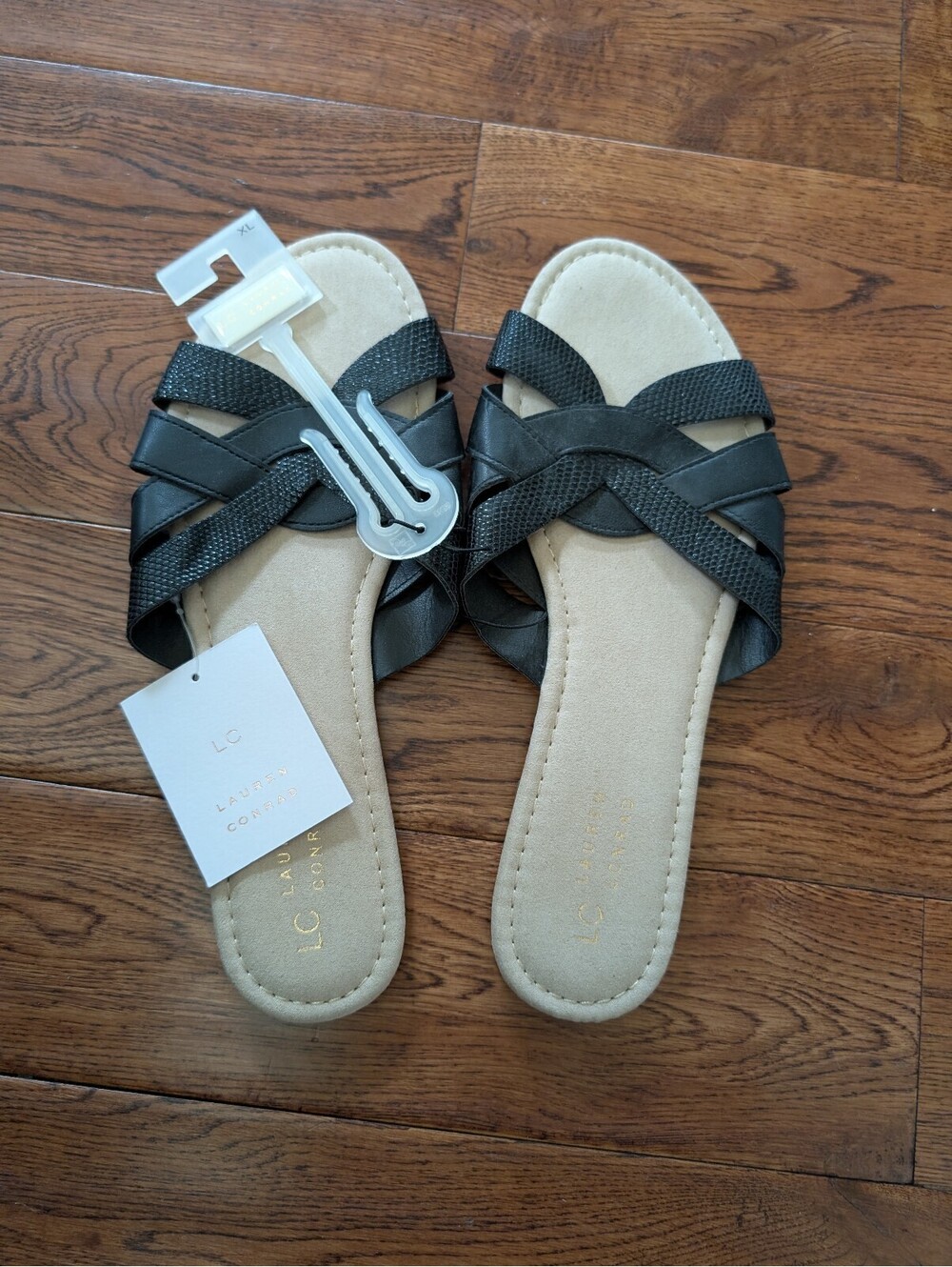 Lauren Conrad LC Open Toe Slide Sandals Black Faux Leather Size XL NWT